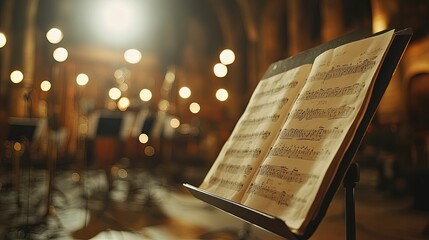 Sheet Music on a Stand with Warm Lights in the Background