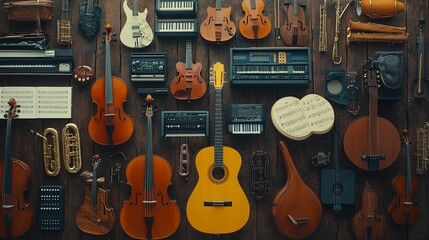 Naklejka premium An Array of Musical Instruments Hanging on a Wooden Wall