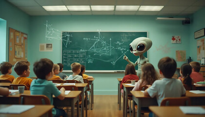 This imaginative image depicts an alien teaching a classroom of children, blending science fiction with education in a captivating way. Ideal for themes of learning and creativity.
