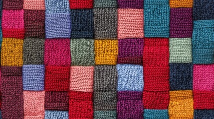 Seamless background featuring a knitted texture that mimics wool showcasing a variety of multicolored squares