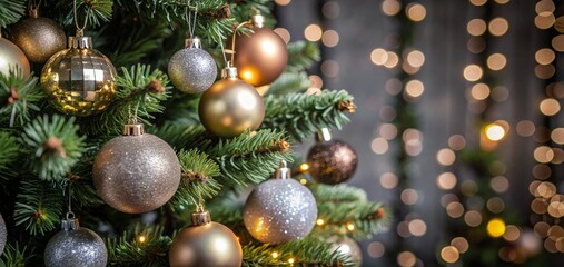 Christmas Tree With Baubles balls And Blurred Shiny Lights ornaments decoration