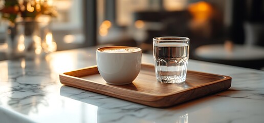 Cup of coffee and glass of water on a wooden tray.
