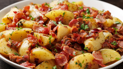 German Potato Salad with bacon and herbs in a white plate