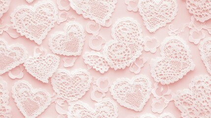 Romantic light pink decorative background featuring a seamless lace pattern of hearts creating an ornate and endless texture with woven threads ideal for celebrations of love and special occasions