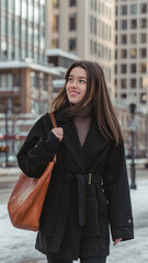 Fototapeta premium Woman in a black coat with a brown bag walking on a snowy city street, with buildings in the background. Concept of winter urban lifestyle