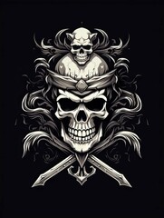 Skull with Ornate Floral Design and Crossed Swords