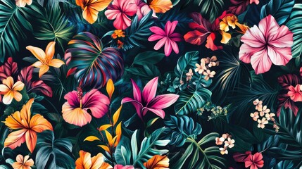 Vibrant Floral Pattern Large Exotic Seamless Print on a Dark Background Tropical Summer Aquarelle Design with Endless Jungle Elements Striking Floral Motif