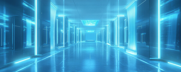 A modern server room with perfectly aligned fiber optic cables, illuminated by blue neon lights, creates futuristic and high tech atmosphere. sleek design enhances feeling of advanced technology and e