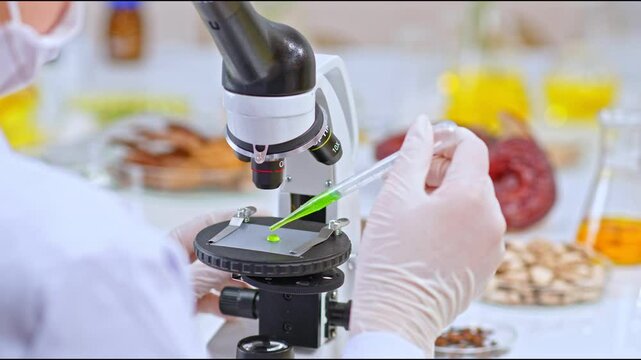 Video of oriental medicine experiment demonstrated by scientist pouring green extract into microscope to observe ingredients. Laboratory setting with full equipment and necessary materials.