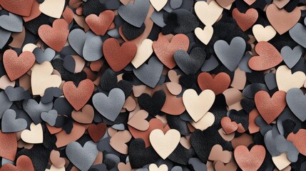 Symbol of love for gift package labels Decorative element for greeting cards Raster effect Heart shaped confetti made of flower petals Seamless background featuring gray brown and black hearts for