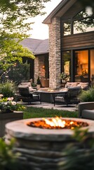A cozy outdoor setting with comfortable chairs around an inviting fire pit, surrounded by lush greenery and a well-organized home garden, offering warmth on cool nights in the yard.