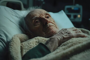 an old man lying on a hospital bed staring at somewhere, Both hands are in the blanket