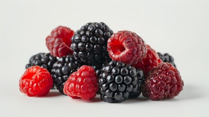 Close-up shot of juicy blackberries and raspberries grouped together on a white background, highlighting their glossy skins and appetizing appearance.