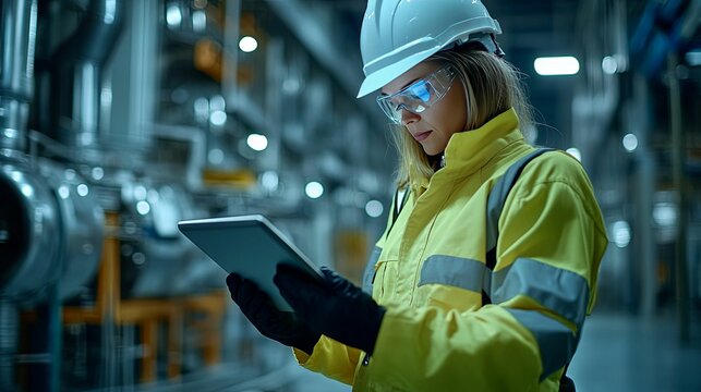 Female Industrial Worker Inspecting Equipment with a Tablet