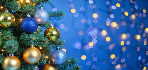 Christmas Tree With Baubles balls And Blurred Shiny Lights ornaments decoration