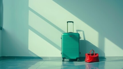 Obraz premium A deep green suitcase and red handbag on a white floor create a vibrant travel scene in a cozy setting, evoking the spirit of winter holiday adventures