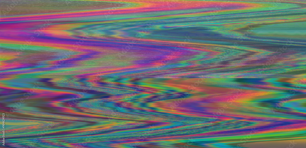 Aufkleber Digital representation of a television screen with static interference, displaying glitchy colored lines and patterns. A monitor that shows failures, malfunctions, and lack of a clear signal.