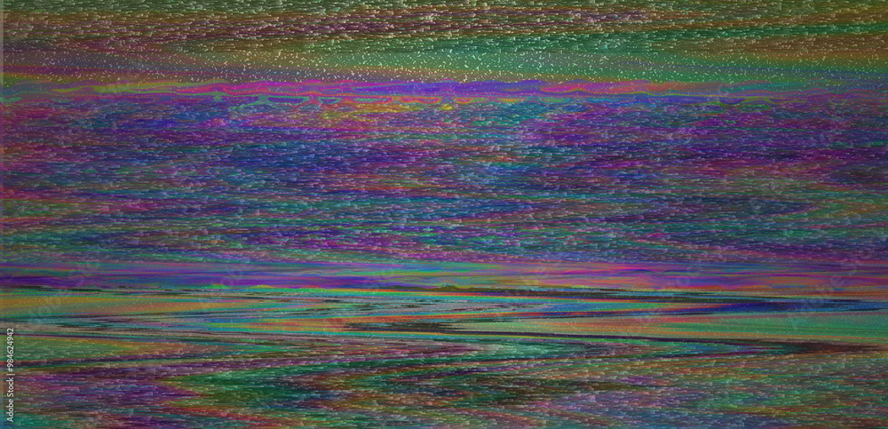 Aufkleber Digital representation of a television screen with static interference, displaying glitchy colored lines and patterns. A monitor that shows failures, malfunctions, and lack of a clear signal.