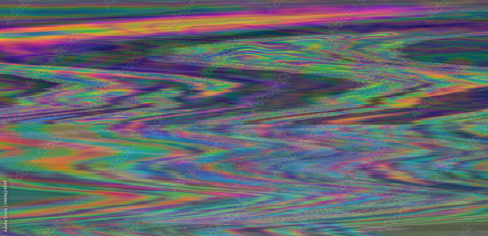 Aufkleber Digital representation of a television screen with static interference, displaying glitchy colored lines and patterns. A monitor that shows failures, malfunctions, and lack of a clear signal.