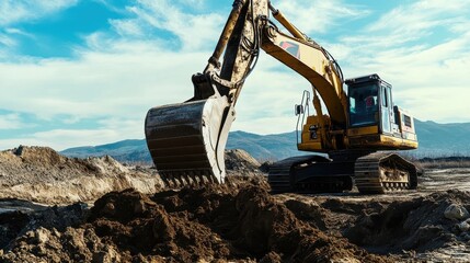 Fototapeta premium Majestic Earthworks: Powerful Excavator Reshapes the Landscape