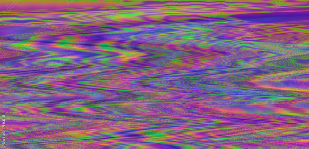 Poster Digital representation of a television screen with static interference, displaying glitchy colored lines and patterns. A monitor that shows failures, malfunctions, and lack of a clear signal.