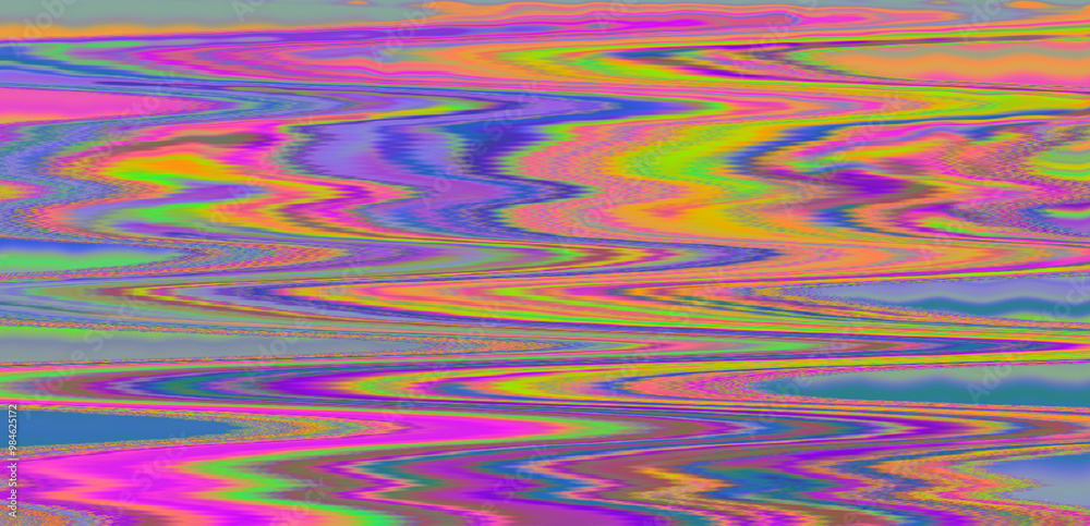 Aufkleber Digital representation of a television screen with static interference, displaying glitchy colored lines and patterns. A monitor that shows failures, malfunctions, and lack of a clear signal.