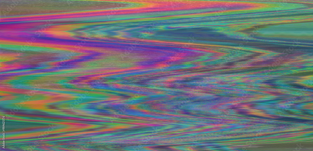Aufkleber Digital representation of a television screen with static interference, displaying glitchy colored lines and patterns. A monitor that shows failures, malfunctions, and lack of a clear signal.