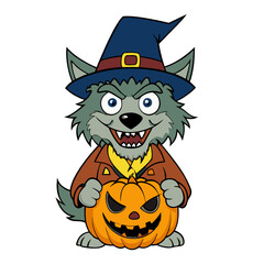 Trick or Treat Werewolf: A cute and spooky werewolf cartoon character in a witch's hat, holding a jack-o-lantern pumpkin, perfect for Halloween decorations, greeting cards, and children's illustration