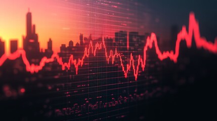 A vibrant sunset over a city skyline, featuring a dynamic red graph pattern superimposed, symbolizing data trends and economic fluctuations.