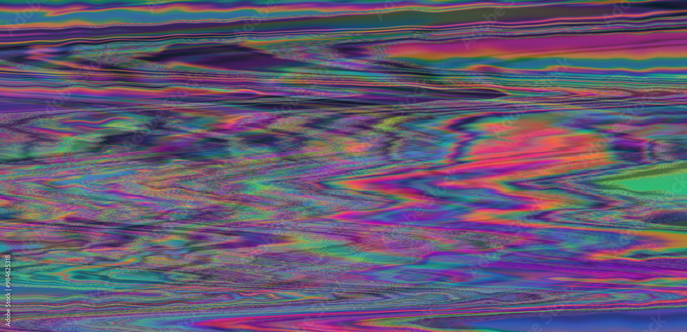 Poster Effect of a digital glitch or a distorted video signal, with sharp angles and jagged lines interspersed throughout the flowing color patterns. Abstract, highly saturated composition.