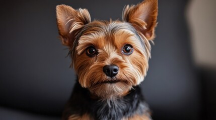 Yorkshire Terrier sitting on a dark background with glossy black coat and curious expression.