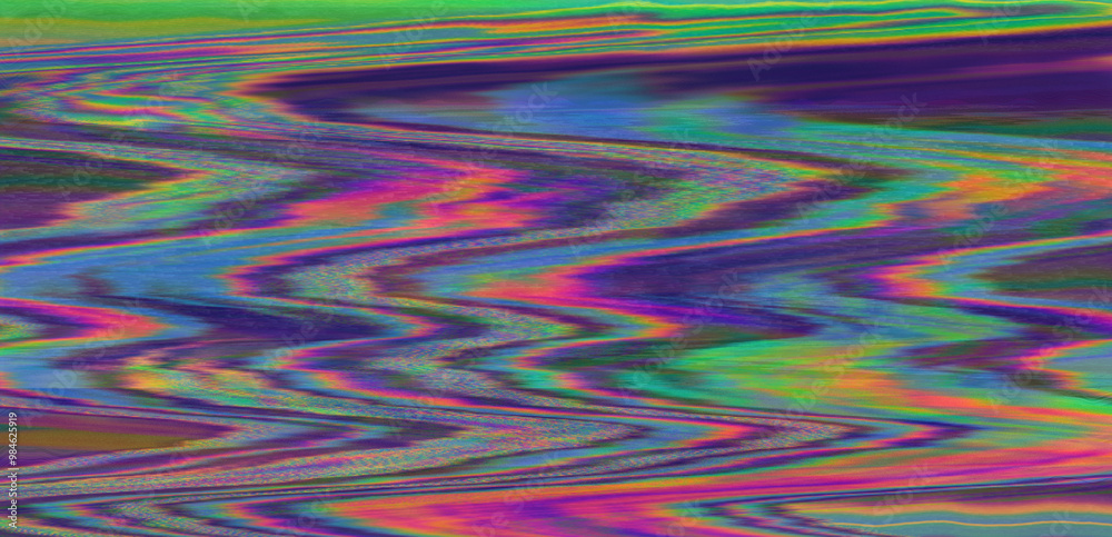 Poster Digital glitch or a distorted video signal, with sharp angles and jagged lines of iridescent colors, predominantly purple, blue, green, yellow, and orange.