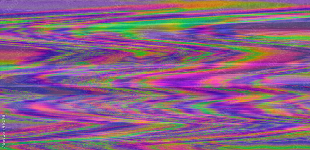 Poster Digital glitch or a distorted video signal, with sharp angles and jagged lines of iridescent colors, predominantly purple, blue, green, yellow, and orange.