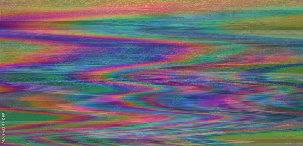 Poster digital glitch or a distorted video signal, with sharp angles and jagged lines of iridescent colors,