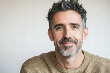 Fototapeta premium Stylish Middle-Aged Man in Modern Casual Attire, Radiating Confidence and Charisma, Ideal for Professional and Lifestyle Photography in a Studio Setting