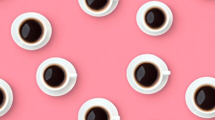 Seamless pattern featuring coffee cups on a pink background Top view