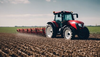 Fototapeta premium Red tractor plows field in rural landscape, farming equipment working for harvest