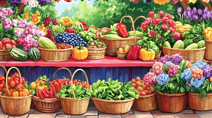 A colorful and vibrant farmers market stall filled with fresh fruits and vegetables. Baskets overflow with produce, surrounded by lush flowers and greenery.