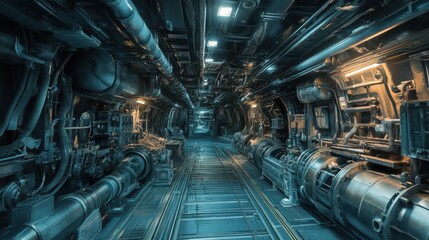 Futuristic Sci-Fi Spaceship Interior with Pipes and Machinery