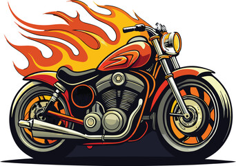 Vector-style t-shirt design featuring a classic motorcycle with flames. Generative AI.