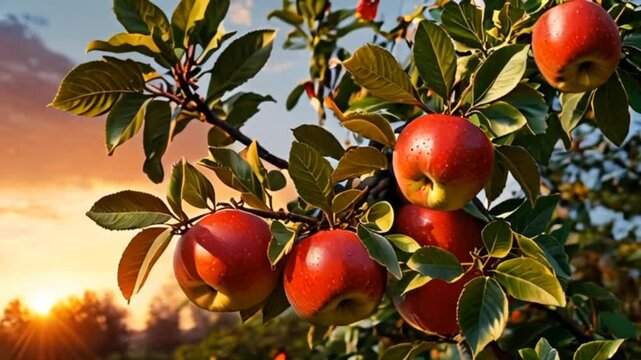 Many red apples on apple tree with sunrise