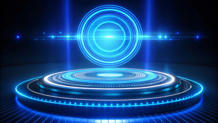 Fototapeta premium A glowing futuristic platform emits vibrant blue light, featuring concentric circles and a hovering holographic ring. The scene suggests an advanced technology or sci-fi theme. AI generated.