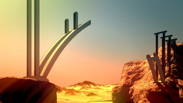 Conceptual Animation Of Building A Bridge Spread Over Two Opposite Hills