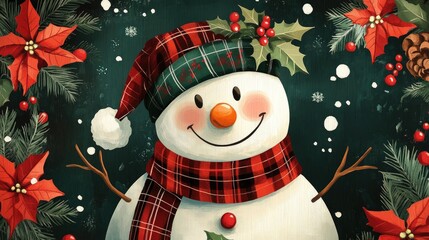 A cheerful snowman with a red and green plaid scarf and hat surrounded by Christmas greenery.