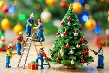 family decorating christmas tree at home