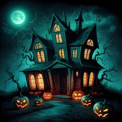 Spooky haunted house at night with glowing pumpkins