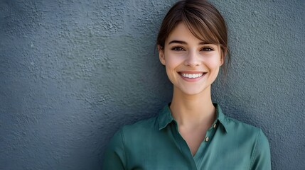 Fototapeta premium Portrait of a Young Woman with a Bright Smile Against a Grey Wall