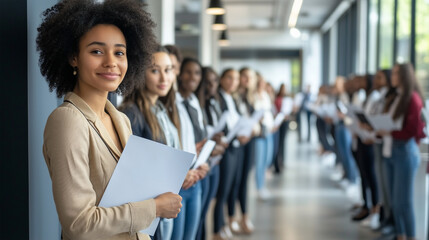 A woman is standing in a line of people