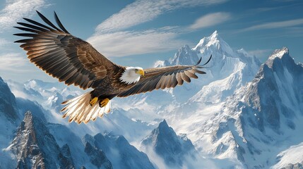 Fototapeta premium Majestic Bald Eagle Soaring Over Snowy Mountain Peaks - Wildlife Photography - Freedom and Wilderness - Nature Background.