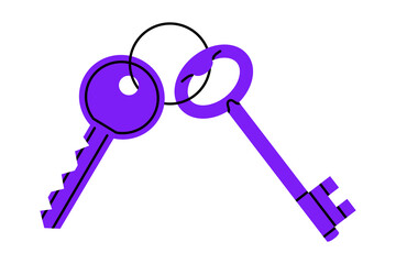 Hand drawn cute cartoon illustration bunch of two keys. Flat vector real estate sticker doodle style. Protection or access icon. Mortgage loan. Housing for rent. Buy or sell building. Isolated.